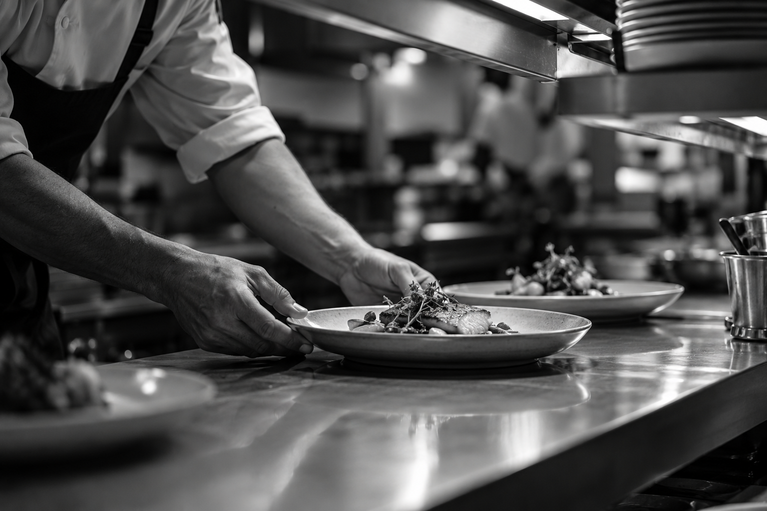 Restaurant staff plating food at a stainless-steel kitchen service pass